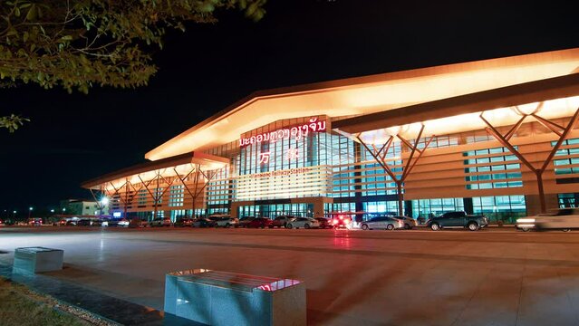 Laos-China, Vientiane railway station timelapse at night. lao train departure, moving car