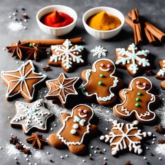 Homemade Gingerbread cookies with spices on a gray background.