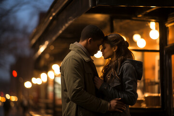 Couple in Love on a Romantic Date through the Streets of a City at Night, Capturing the Beauty of Nocturnal Affection