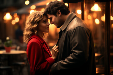 Fototapeta premium Couple in Love on a Romantic Date through the Streets of a City, Creating Beautiful Memories Together
