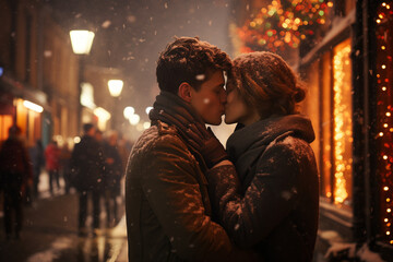 Couple in Love on a Snowy Street Date, Creating Beautiful Memories in the Magic of Falling Snowflakes