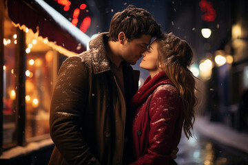 Couple in Love on a Snowy Street Date, Expressing Affection and Happiness in a Winter Wonderland