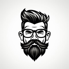 logo with the head and face of a man with a beard and mustache in glasses on white background. An emblem for a barbershop men's salon or a brand store