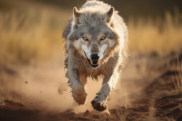 Majestic Wolf Sprinting and looking at camera 