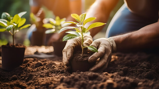People planting trees or working in community garden promoting local food production and habitat restoration, concept of Sustainability and Community Engagement. Generative Ai