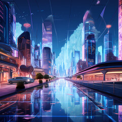 A futuristic cityscape with holographic projections