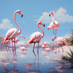 A group of flamingos gracefully wading in a tropical lagoon