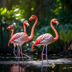 A group of flamingos in a tropical wetland