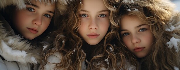 Three young sisters laying on snow outdoor at winter day