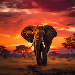A lone elephant against the backdrop of a vibrant African sunset.