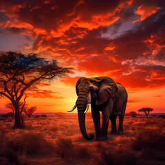 A lone elephant against the backdrop of a vibrant African sunset.