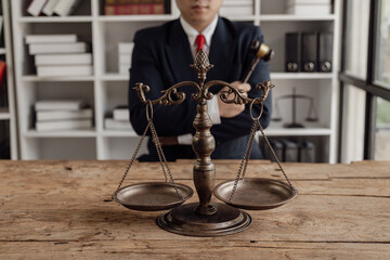 Judge hammer with lawyer, scales of justice, consultant in suit or lawyer working on documents at law office Consultant Attorney Justice and law, lawyer, court judge, concept.
