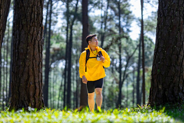 Bird watcher is looking through binoculars while exploring in the pine forest for surveying and...