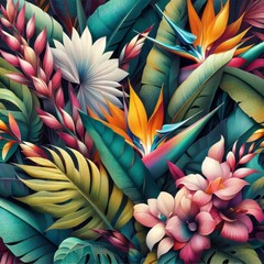 Colorful tropical leaves and flowers, artistic pattern.
