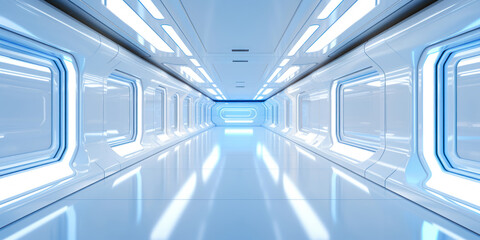 The interior of a modern spaceship corridor bathed in white light, accented with blue stripes