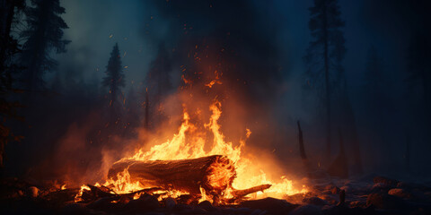 A lone, charred tree stump burns amid a smoky forest clearing, with flames licking the air