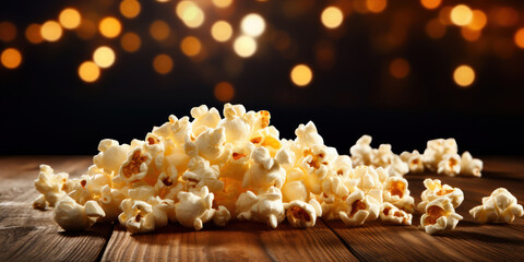Casual movie night starts with spilled popcorn on a timber bench - obrazy, fototapety, plakaty