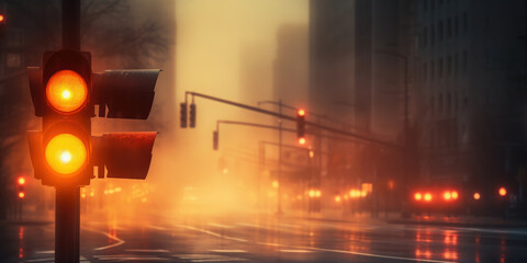 Traffic lights in a misty cityscape, emitting a warm glow