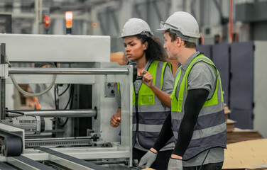 Technician ensures machinery stays regular, inspect error for smooth operations in cardboard factory