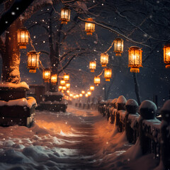 A row of lanterns lighting a snowy pathway