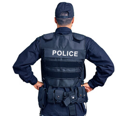 Young hispanic man wearing police uniform standing backwards looking away with arms on body