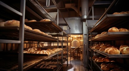 A bustling industrial bakery filled with bakers shaping dough and baking various types of bread, creating an inviting aroma of freshness. Generative AI.