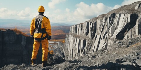 A geologist in a yellow hard hat examines rock formations on a rugged cliff in a vast quarry, showcasing expertise in the industrial landscape. Generative AI.