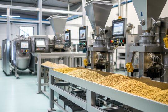 A factory with machines and food in it. Generative AI.