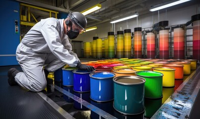 A technician in protective gear is carefully filling paint cans on an industrial production line. Generative AI.