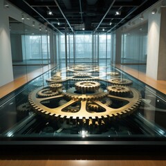 A sleek, modern glass floor with a large clock, showcasing precision engineering from above. Generative AI.