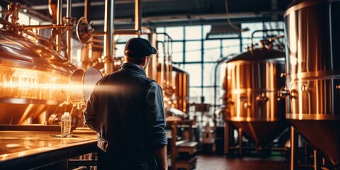 A skilled engineer tests brewing equipment in a modern brewery, blending tradition and technology to craft precise and flavorful beers. Generative AI. - obrazy, fototapety, plakaty