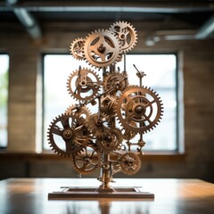 Fototapeta na wymiar A mesmerizing kinetic sculpture of rotating gears, elegantly displayed in an upscale industrial design studio. Generative AI.