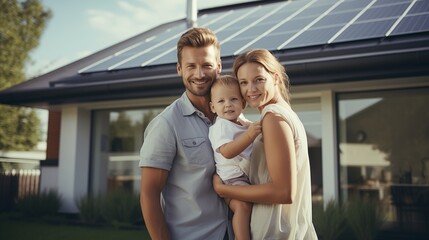 Fototapeta premium Happy family near their house with solar panels.renewable energy,sustainability,sustainable development,Alternative energy, saving resources and sustainable lifestyle concept. 
