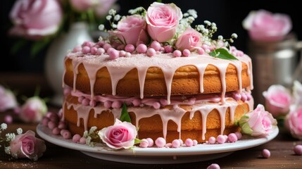 Fototapeta na wymiar Slice Vanilla Cake Rose Decoration Plate, Background Image, Desktop Wallpaper Backgrounds, HD