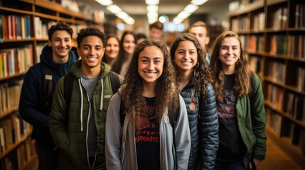 Group of diverse college students sitting in library