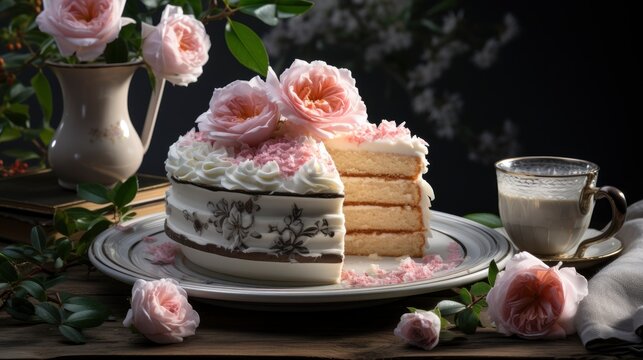 Slice Vanilla Cake Rose Decoration Plate, Background Image, Desktop Wallpaper Backgrounds, HD