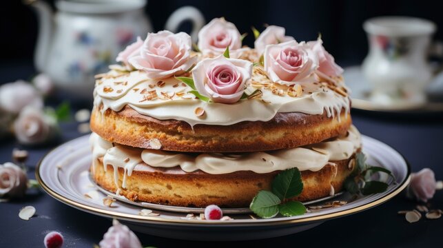 Slice Vanilla Cake Rose Decoration Plate, Background Image, Desktop Wallpaper Backgrounds, HD