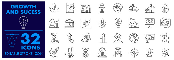 Growth and Success Editable Stroke icon set, Business Success, Technology performance, Sustainability gain, improvement, growth, chart, development chart. Solid  Vector illustration icon set.
