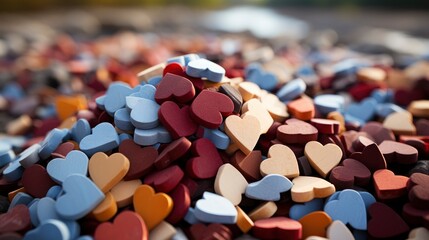 Fototapeta premium Still Tiny Colorful Wooden Cut Heart, Background Image, Desktop Wallpaper Backgrounds, HD