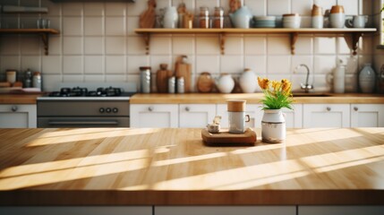 Kitchen interior with wooden table and chairs. Blurred background.