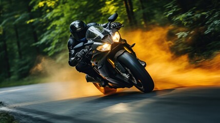 Motorcyclist riding a motorcycle on a country road. Motion blur.