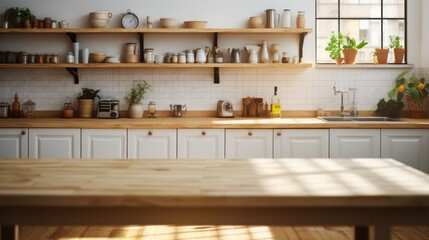 Empty wooden table in modern kitchen interior with daylight