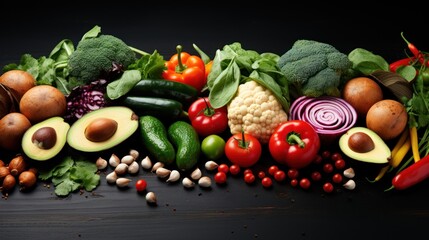 Composition with variety of raw organic vegetables on black wooden table, closeup