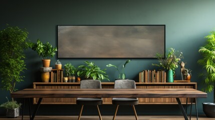 Interior of modern living room with wooden furniture and green wall