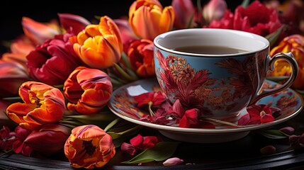 Fototapeta na wymiar Tulip Flowers Cup Hot Black Coffee, Background Image, Desktop Wallpaper Backgrounds, HD