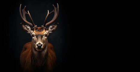Majestic red deer on a black background with copy space.