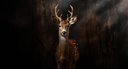 Portrait of a deer on a brown background in a dark dark atmosphere