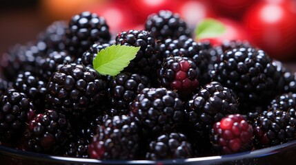 Blackberries and cherries in a bowl close-up macro photography