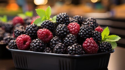 Blackberries and raspberries in a bowl on a wooden table