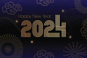 Happy 2024 New Year Vector Design on a dark blue background. New Year greeting card or banner template.
